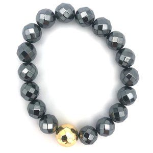 Gorjana Hematite Gemstone Power Bead Bracelet Gold Stretch  Gray Black stone